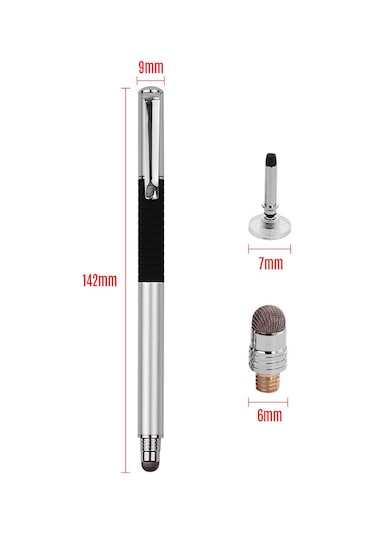 Vkemall Metal Kapasitif Kalemler Seti 2 Adet - Nano Konduktif Fiber Uç + Sünger Disk, Fırça Ucu, Kalem Klipsi, Siyah/gümüş Renk Seçeneği 2 Adet Değiştirme Ucu