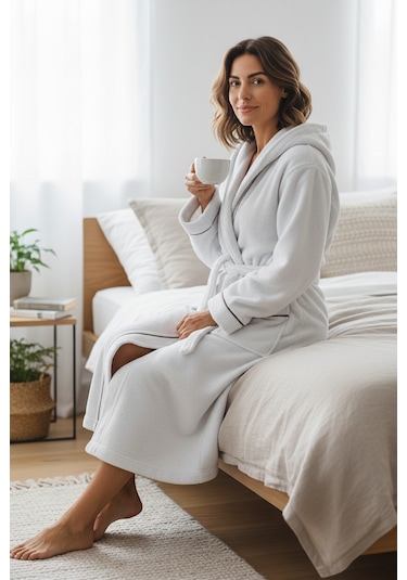 % 100 Pamuklu Laodikeia Kapşonlu Unisex Kadın Erkek Bornoz Beyaz