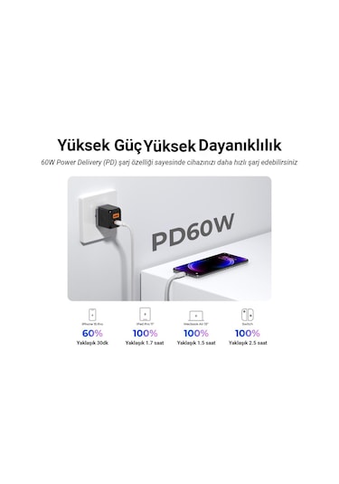 Orico CDX-60CC-WH-BP 60W PD Type-C To Type-C Hızlı Şarj Ve Data Kablosu 1 M Beyaz