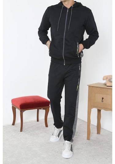 Pants Fermuarlı Kapşonlu Eşofman Takım - Siyah Siyah