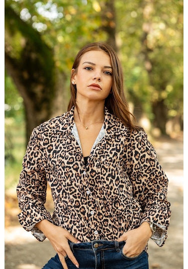 Verdeblanco Leopar Desenli Dijital Baskılı Uzun Kollu Relax Gömlek Leopar