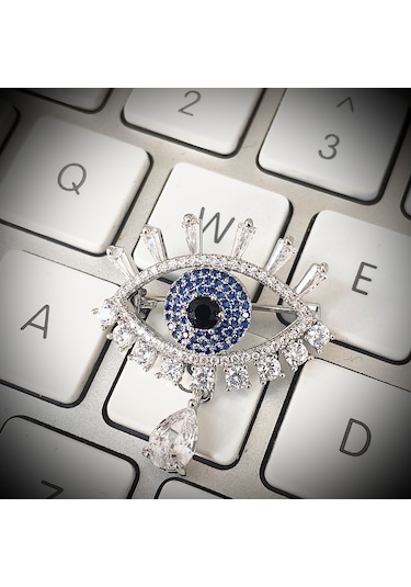 Broş Kadın Zirkon Taşlı Nazar Göz Broş Gözyaşı Yaka İğnesi Silver