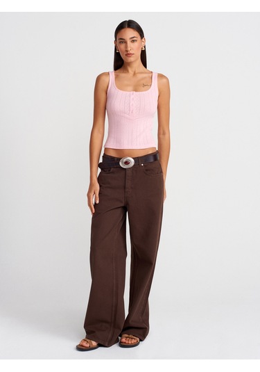 Dilvin 21069 Düğmeli Kare Yaka Top-toz Pembe Toz Pembe