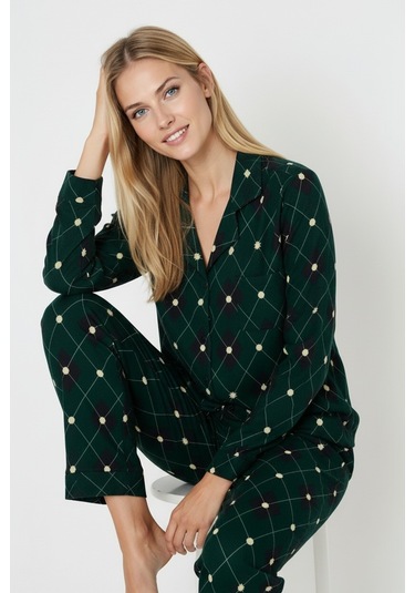 Luxury Soft Yeşil Ekose Desenli Uzun Kollu Kadın Pijama Takımı 3045 Yeşil