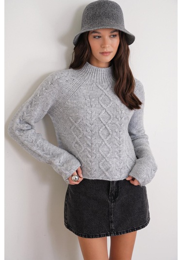 6855 Kadın Dik Yaka Saç Örgülü Triko Kazak Gri Gri