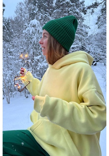 Madmext Sarı Kapüşonlu Şardonlu Oversize Sweatshirt Mg1566 Sarı