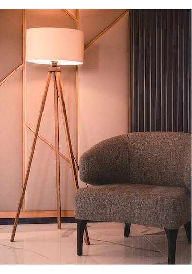 Kumaş Lambader Ahşap Krem Kahve Ayak Ly503