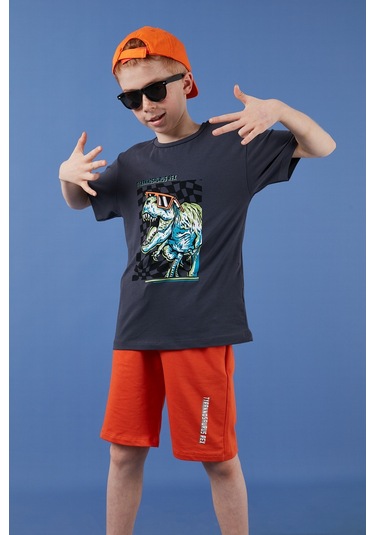 Lela Pamuklu Regular Fit Bisiklet Yaka Şortlu Alt-Üst Erkek Çocuk Takım 6212016 Füme