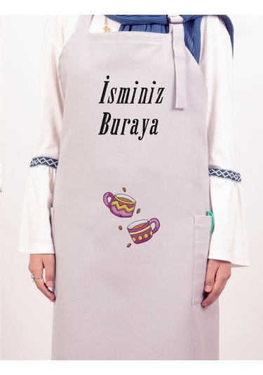 Mutfak Önlüğü Kişiye Ve İsme Özel Nakışlı Mutfak Önlüğü İkili Kupa Farklı Renkler Gri