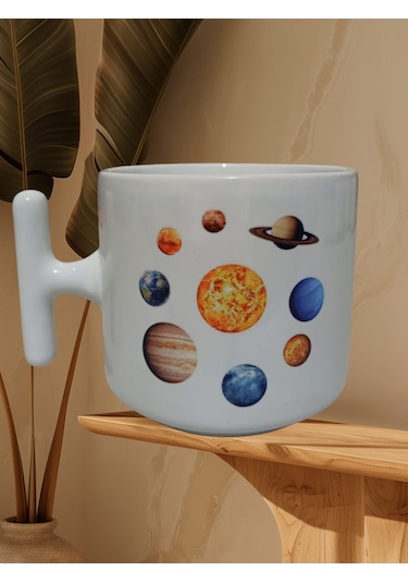 Gezegenler Çift Taraf Baskılı T Kupa Bardak Beyaz T