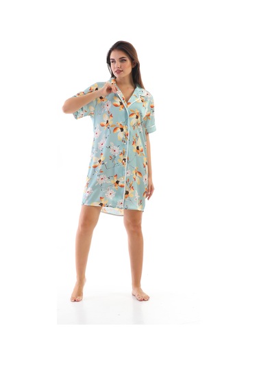 Laperissa Kadın Çiçek Desenli Saten Dokuma Düğmeli Gömlek Gecelik Çok Renkli
