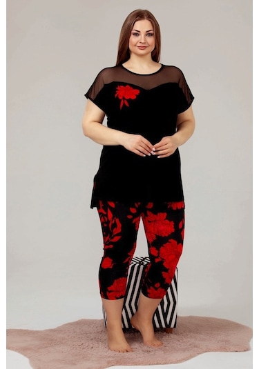 Siyah Renk Ve Çiçek Desenli Lady 10614 Kadın Büyük Beden Kapri Pi Siyah