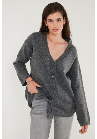 Lela Regular Fit V Yaka Düğmeli Triko Bayan Hırka 4616229 Antrasit