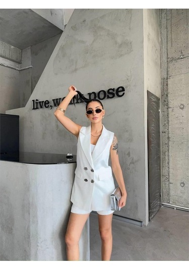 The İstanbul Keten Yelek - Şort Takım - Beyaz Beyaz