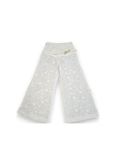 İspanyol Paça Pantolonlu Keten Kız Çocuk Takım Beyaz