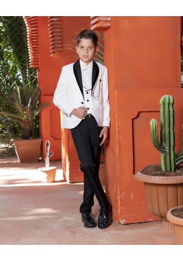 Erkek Çocuk Yelekli Takım Elbise 3-14 Yaş Ceket-pantolon-yelek-gömlek-papyon 3-14 Yaş Krem