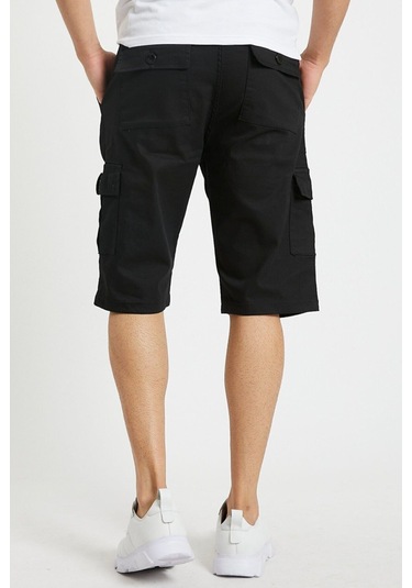 Erkek Lacivert Renk Kargo Yandan Cepli Esnek Kumaş Slim Fit Kapri Şort Siyah