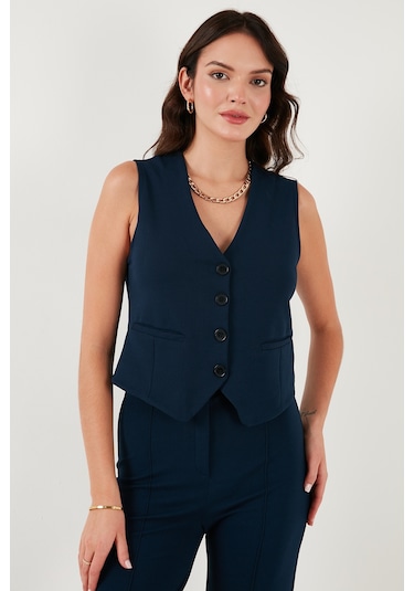 Lela Streç Fitted Fit V Yaka Düğmeli Bayan Yelek 5865971 Lacivert