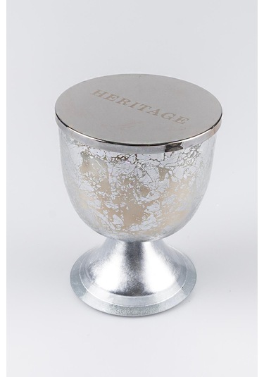 Gümüş Varak Eskitme Ayaklı Cam Mumluk Kokusuz Mum Yazı Kapaklı Orta 12x15 Cm