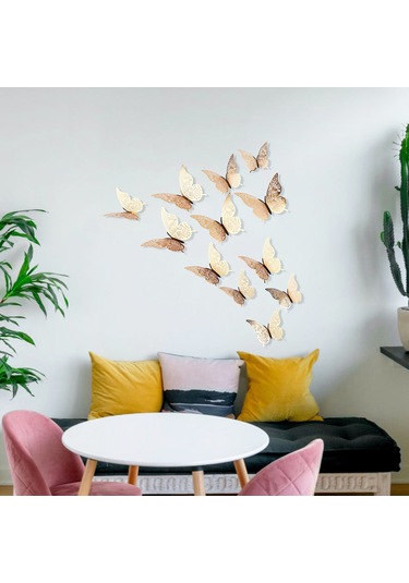 Tenfowee Altın 3d Kelebek Duvar Sticker - Ev Dekorasyonu, Salon, Odalar İçin Dıy立体 Dekor, Parlak Kağıt Malzeme, 12 Adet + Tutkal Noktaları Altın