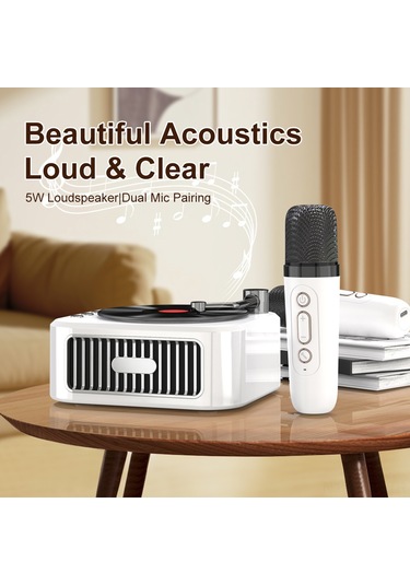 Geeroyoo Retro Taşınabilir Şarkı Söyleme Hoparlörü, Çift Mikrofonlu, Beyaz Renk, Bluetooth 5.3, Sd Kart Ve Aux Girişi