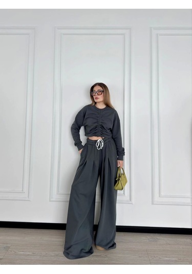 Uzun Kollu Önü İp Büzgülü Crop Ve Pantolon İkili Takım - Antrasit Çok Renkli