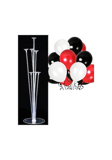 7'li Balon Standı Ve 10 Adet Kırmızı, Siyah Ve Beyaz Balon Set