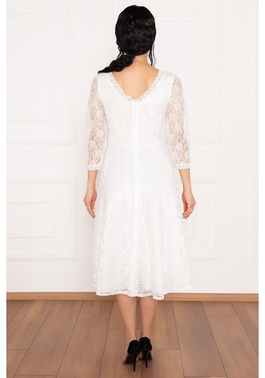 Kalopya Dantel Turvakar Kol Midi Abiye Elbise 13255 Ekru