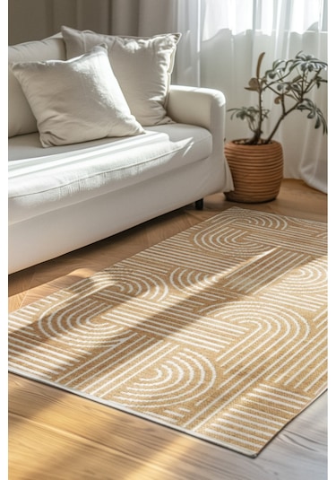 Revna Sarı Bej Kum Beji Yıkanabilir Halı Kaymaz Taban Pamuk Dokuma Salon Mutfak Koridor Halısı Sarı