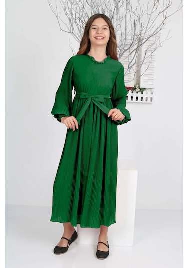 Kız Çocuk Uzun Boydan Pliseli Şifon Elbise Zümrüt