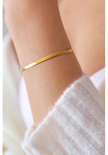 Kadın 316 L Kararmaz Ve Paslanmaz Çelik Anti Alerjenik Gold Renk İtalyan Zincir Bileklik - Sarı