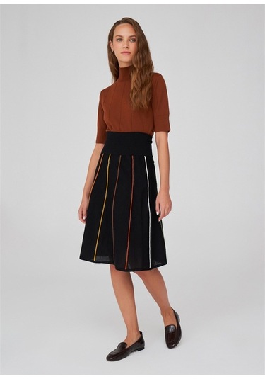 Peraluna Çizgili Yüksek Bel Bol Kesim Diz Altı Kadın Triko Etek S Siyah