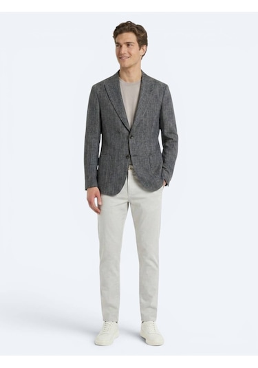 Kip Petrol Çizgili Modern Fit Keten Karışımlı Ceket