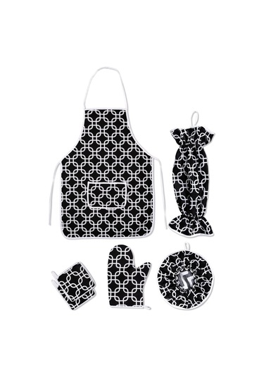 6 Parça Mutfak Seti & Mutfak Önlüğü , Fırın Eldiveni , 2li Tutacak , Organizer Poşetlik , Demlematiksiyah Zincir