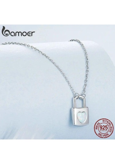 Bamoer 925 Ayar Gümüş Kalp Kilit Kolye Kolye Beyaz Kabuk Aşk Boyun Zinciri Kadınlar İçin Sevgililer Günü Güzel Takı Hediye Beyaz