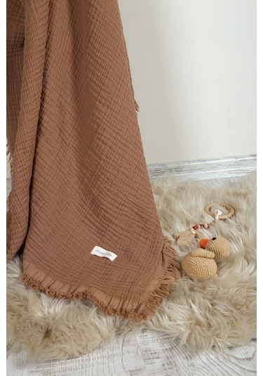 Müslin Püsküllü 4 Katlı Müslin Battaniye 90x120 Cm - Ze4katlı Kahverengi