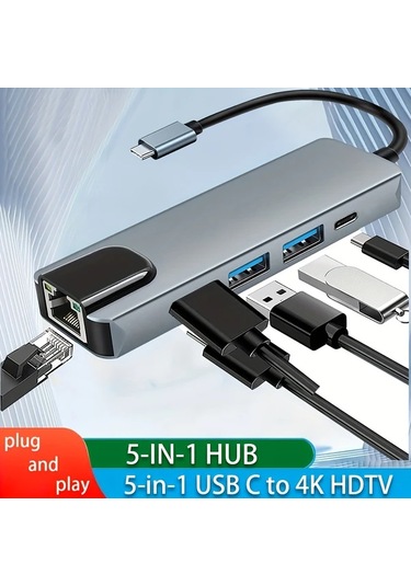 Honeybeeshop Usb C Hub 5i 1 Arada 100m Usb Cden 4k Hdtvye Ethernet Portlu Cok Baglanti Noktali Adaptor 100w Pd Tip C Sarj Portu Usb 3 0 2 0