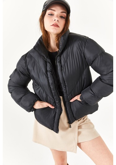 Alisse-kadın Siyah Dik Yaka Kısa Şişme Mont Siyah