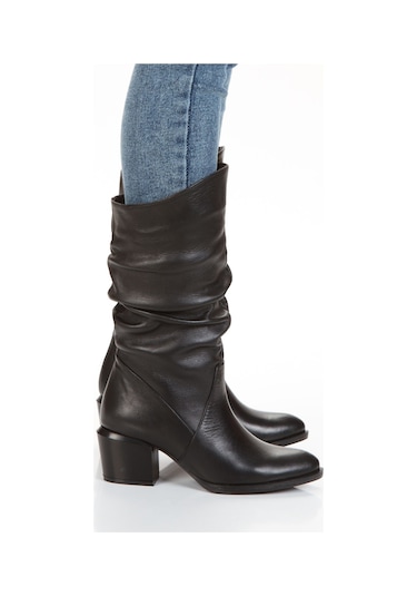 Hakiki Deri Büzgülü Körüklü Kalın Topuk Kadın Çizme Siyah