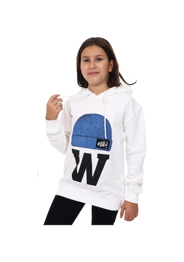 Çocuk Bere Baskılı Ve İşlemeli Kapüşonlu Sweatshirt-13410-beyaz Beyaz