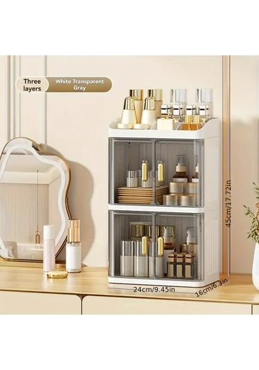 Willowhaven Cream Transparent 3 Katlı Büyük Kapasiteli Katlanır Makyaj Organizatörü Krem + Şeffaf