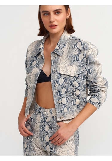 Dilvin Yılan Desen Crop Denim Mont Ekru