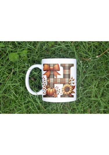 H Harfi Ekose Ve Sonbahar Temalı Kupa Bardak - Kişiye Özel Sıcak Tonlar Alfabe Kupa - Hediye Beyaz