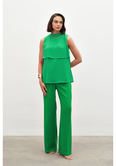Sateen Aksesuar Detaylı Volanlı Bluz - Yeşil-133172