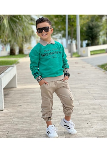 Modavals Gömlek Yaka Sweatshırt Ve Gabardin Kargo Pantolon Erkek Çocuk Kombin Yeşil
