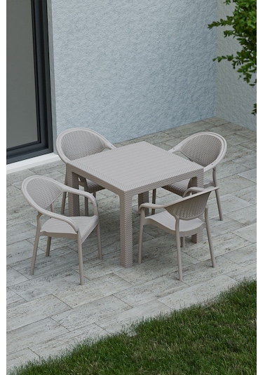 90x90 Cm Rattan 4 Kişilik Masa Takımı Camsız Bambu Sandalye Bahçe Teras Takımı Oturma Grubu Cappuccino