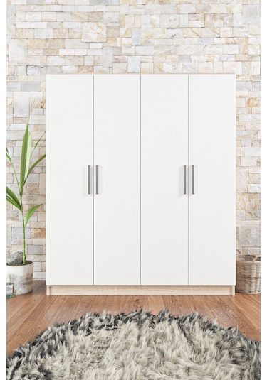 Ae-1059 Milano Beyaz Sonomo 4 Kapaklı Gardırop 11 Raflı 2 Askılık