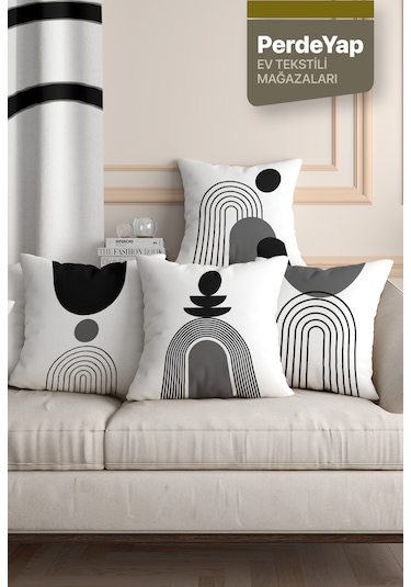 Beyaz Zemin Üzerine Geometrik Desenli 4'lü Kırlent Kılıfı