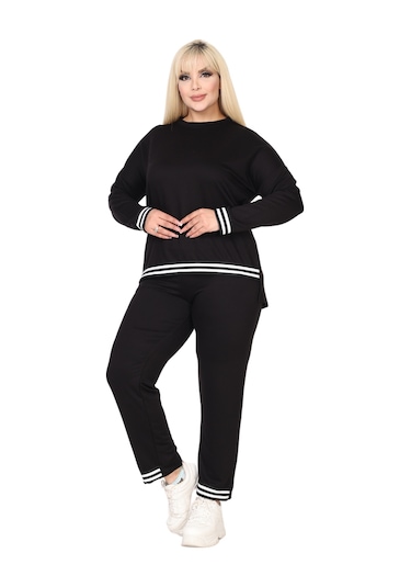 Melsay Butik Siyah Bisiklet Yaka Yakası Şerit Detaylı Eşofman Takımı Siyah