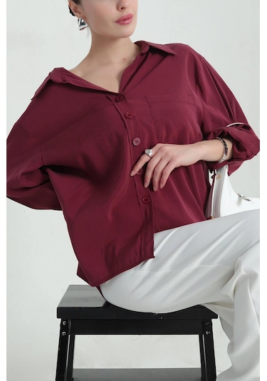 Ribana Tek Cep Modal Oversize Kadın Gömlek Bordo